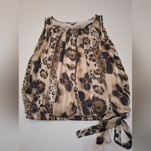 Rare Cache Bubble Hem Leopard Print Faux Tie Waist Top Size Medium